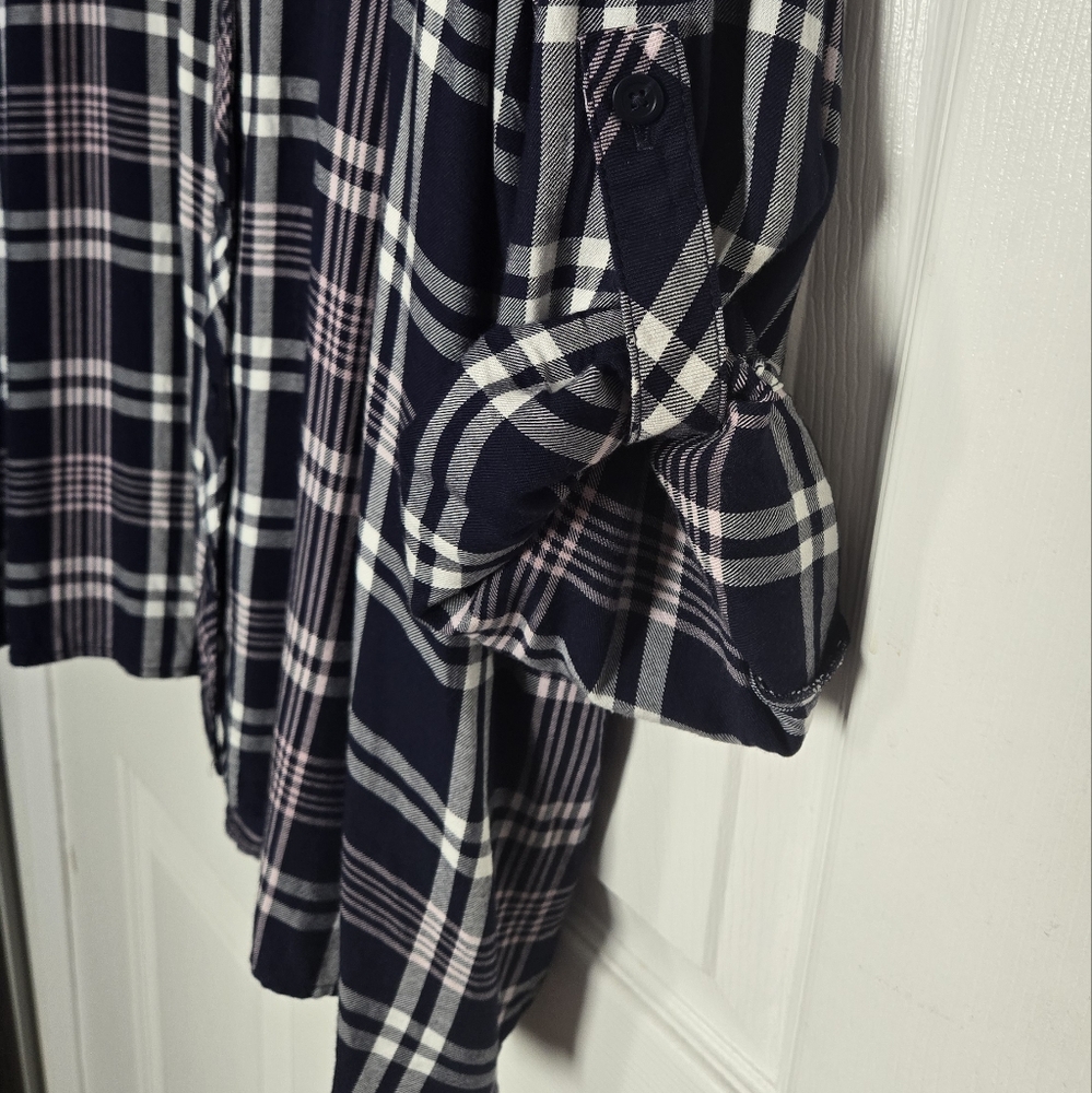 Navy plaid challis button-up shirt with roll cuffs